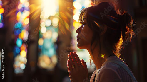 Momento sereno de uma mulher em oração no altar da igreja iluminado pela suave luz natural através das janelas vitrais photo