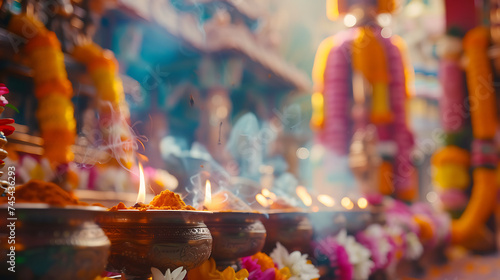 Cerimônia Hindu Ritual de um Sacerdote em um Templo Decorado com Ofertas de Flores