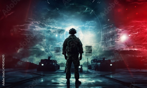 A special soldier is depicted observing the wartime situation and the advancement of his military army through holographic displays, showcasing strategic analysis and tactical planning in a high-tech photo