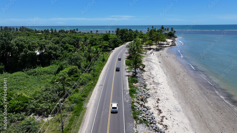 Coast Road In Porto Seguro Bahia Brazil. Idyllic Beach. Nature Landscape. Bahia Brazil. Tourism Background. Coast Road In Porto Seguro Bahia Brazil. Peaceful Scenery Of Tourism.