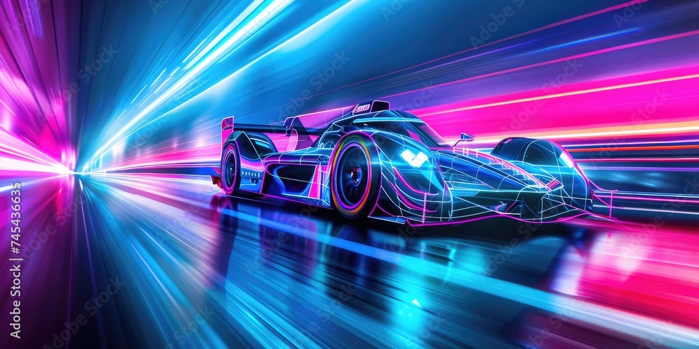 Racing car with neon lines. Speed and motion. Double exposure style - obrazy, fototapety, plakaty 