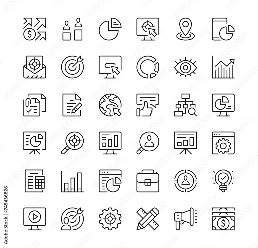 Digital marketing icons set. Vector line icons. Black outline stroke symbols