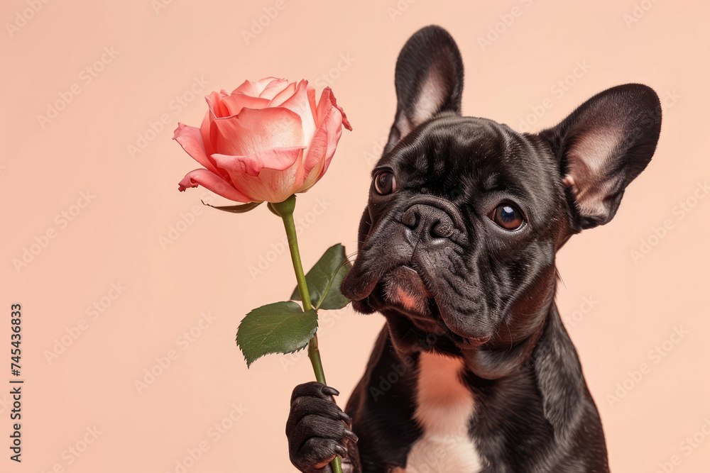 Cute French Bulldog breed dog gives a pink rose flower while holding it in her paw on a pale peach color of the year background. Concept for happy birthday, women's day March 8, mother's day