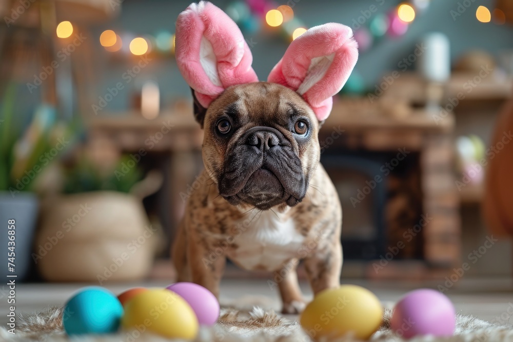 Cute French Bulldog dog with soft pink Easter bunny ears posing with Easter eggs. Happy Easter concept