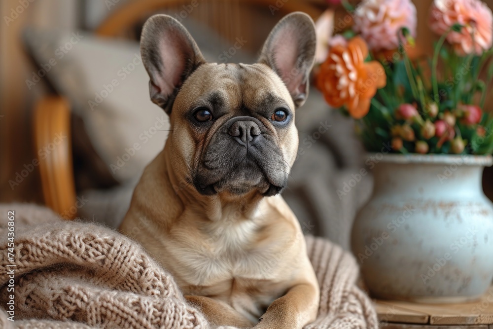 A dog of the French bulldog breed lies on a knitted beige blanket in a dog bed against the background of bouquets of yellow flowers in a vase on a blurred background
