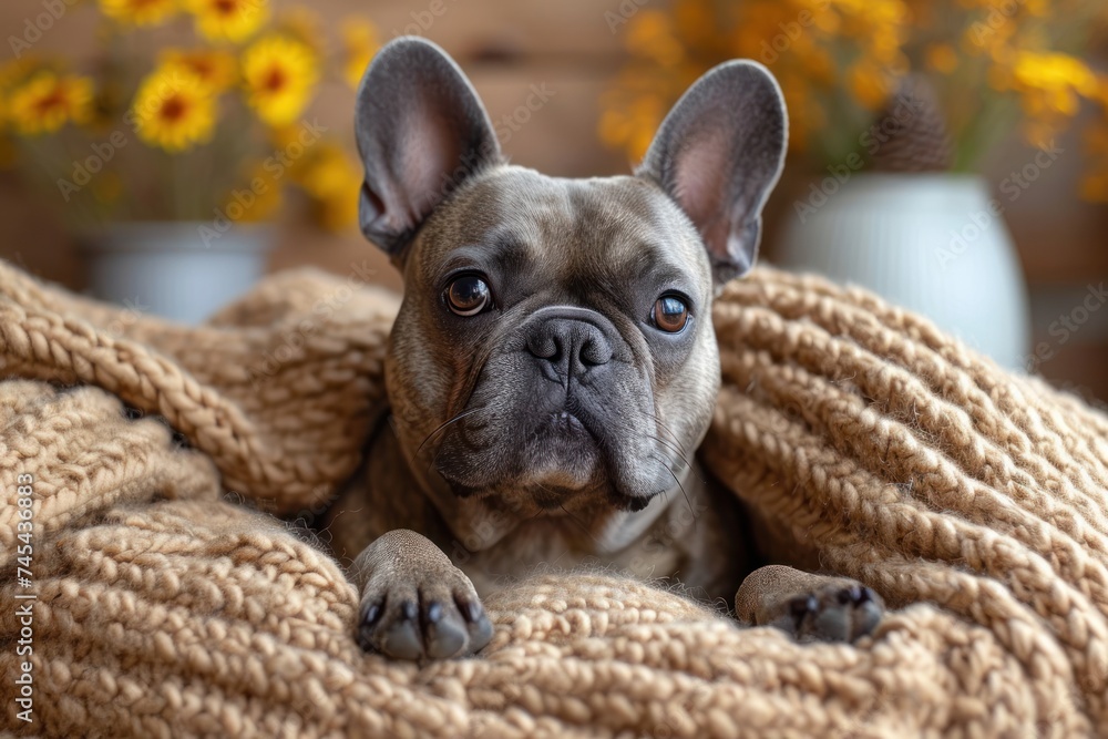 A dog of the French bulldog breed lies on a knitted beige blanket in a dog bed against the background of bouquets of yellow flowers in a vase on a blurred background