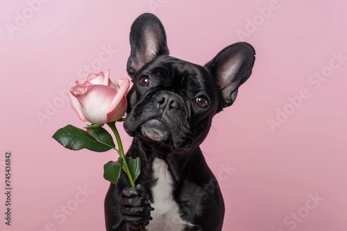 A cute dog of the French bulldog breed gives a pink rose flower while holding it in its paw on a plain pink background. Concept for happy birthday, women's day March 8, mother's day © ArtMajestic