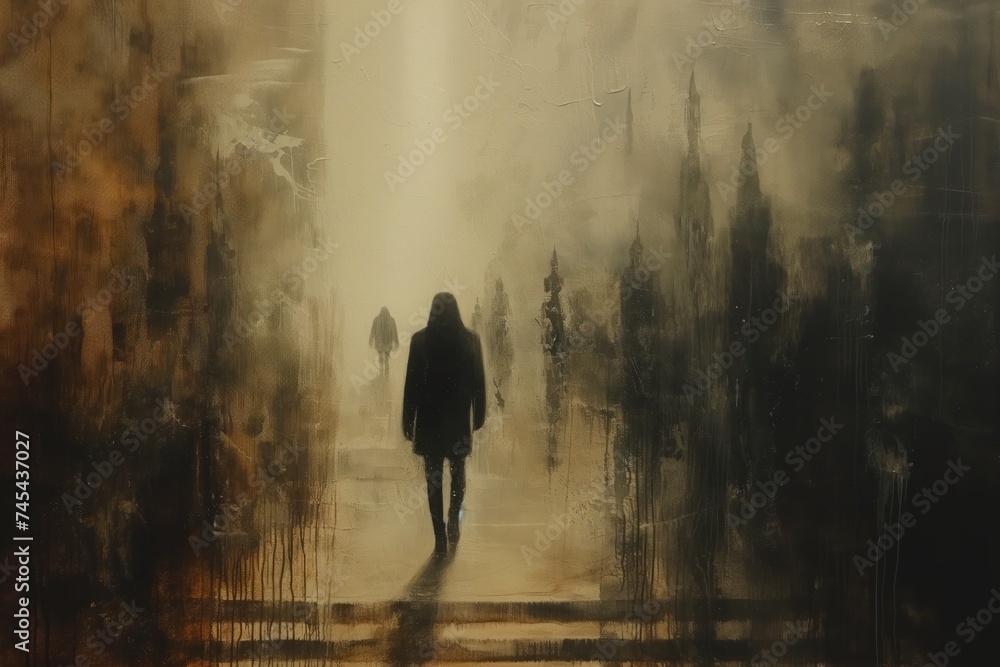 The blurred and blurry silhouette is followed by the silhouette of a lone man. Loneliness, sadness and detachment concept - obrazy, fototapety, plakaty 