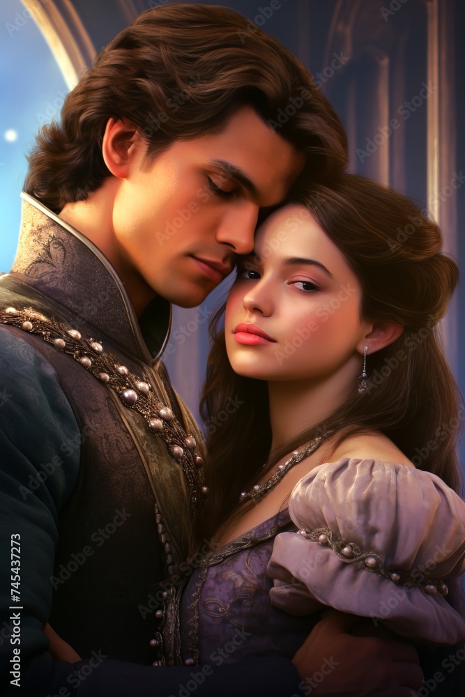 Romantic couple in historical attire embracing tenderly. Man and woman. Prince and his lady. Concept of period romance, historical drama, royal love story. Cover for women's romance novel. Vertical. Romantic couple in historical attire embracing tenderly. Man and woman. Prince and his lady. Concept of period romance, historical drama, royal love story. Cover for women's romance novel. Vertical.
