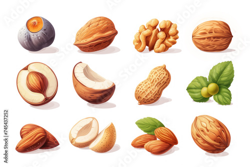 Different types of nuts and legumes with and without peel: walnut, hazelnut and peanut isolated