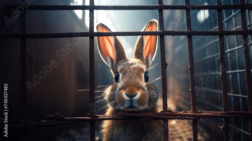 Rabbit locked in cage. Lonely bunny in captivity behind a fence with sad look. Concept of animal rights, wildlife conservation, captivity stress, endangered species, conditions of zoos photo