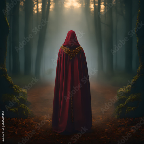 backview of a woman in a cloak in the forest