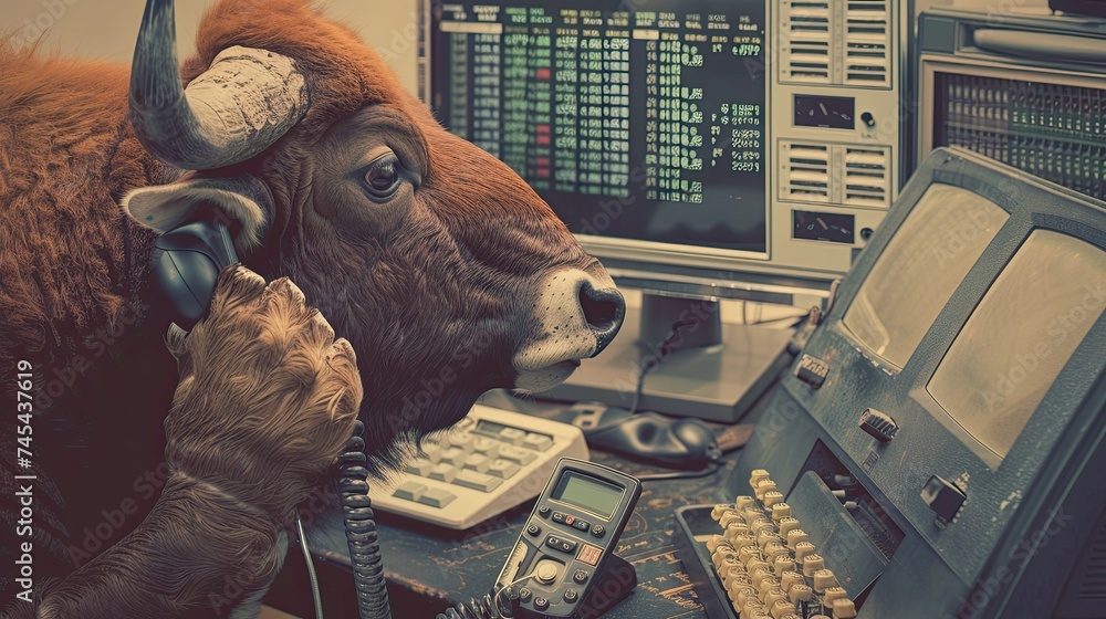 1960s Wall Street buffalo, analyzing stocks on a retro computer, classic phone in hand, vintage charm - obrazy, fototapety, plakaty 