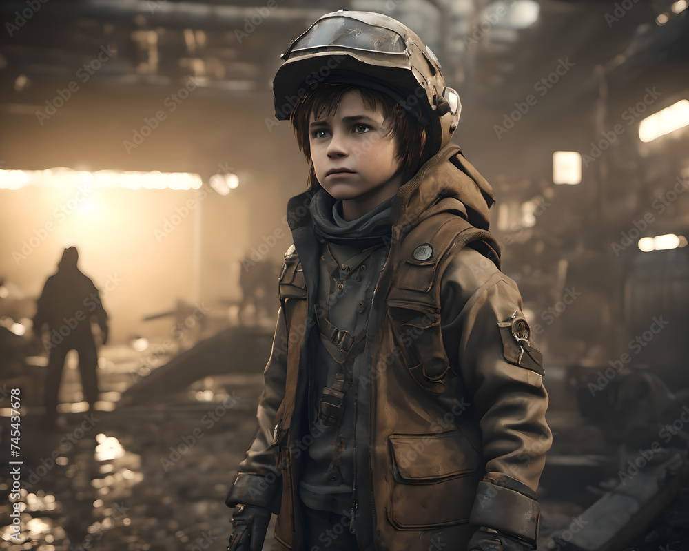 portrait of a teenager soldier in a apocalyptic city scene portrait of a teenager soldier in a apocalyptic city scene