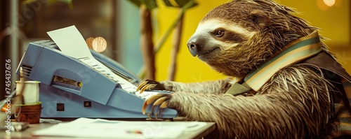 A sloth in a 90s accountant outfit, working late, photocopying financial reports, the era's office nostalgia photo