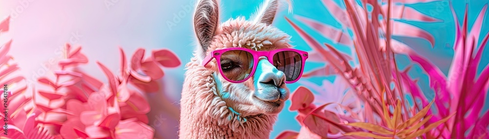 Alpaca in wayfarer sunglasses, standing in a pastel pop art garden, serene yet stylish