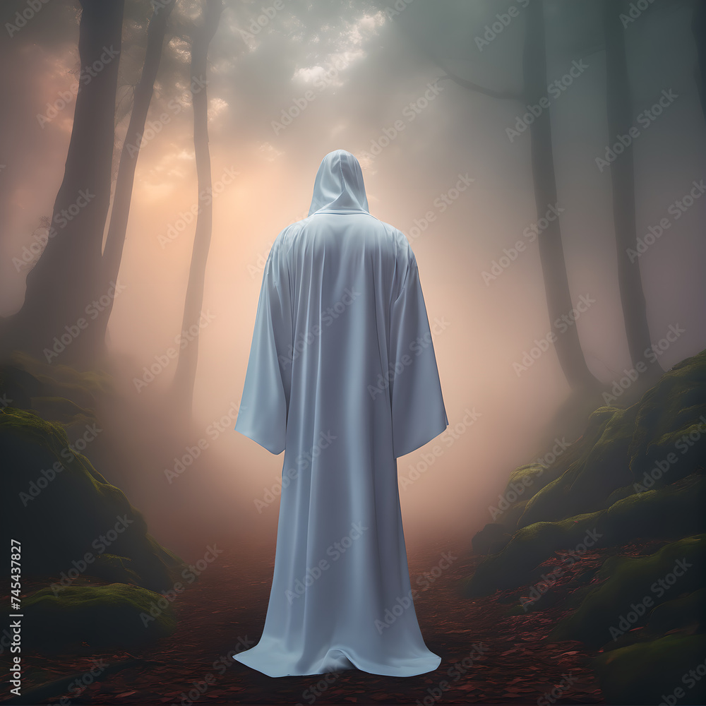 backview of a person with a white cloak in a foggy and misty, mysterious forest