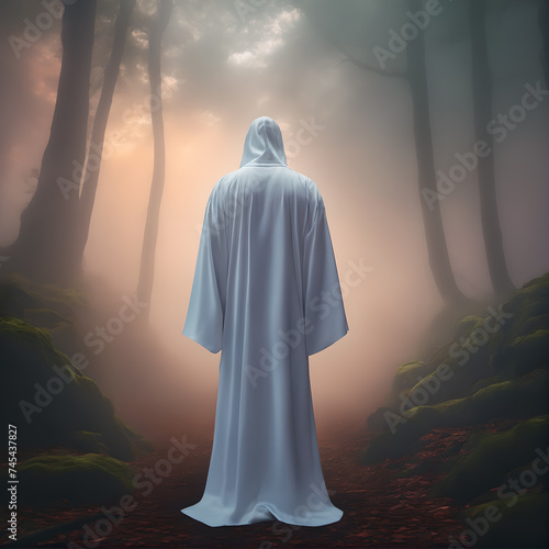 backview of a person with a white cloak in a foggy and misty, mysterious forest