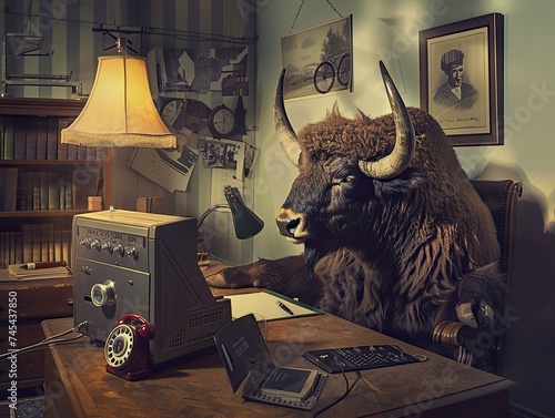 Buffalo in 50s office, working on vintage computer, rotary phone beside, in 3fr1oWKRJHY style photo