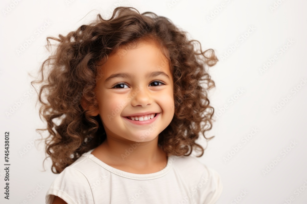 Portrait of a smiling little girl with curly hair on a white background Portrait of a smiling little girl with curly hair on a white background