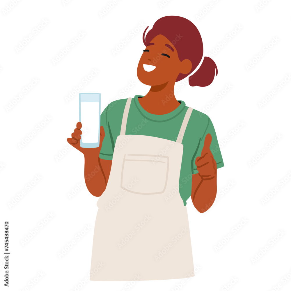 Farmer Female Character Donning Apron Cradles A Glass Filled With Frothy, Fresh Milk And Showing Thumb Up Farmer Female Character Donning Apron Cradles A Glass Filled With Frothy, Fresh Milk And Showing Thumb Up