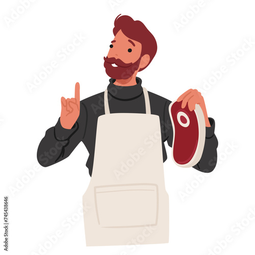 Farmer Dons An Apron, Proudly Displays A Piece Of Fresh, High-quality Meat, Showcasing Its Vibrant Color And Texture