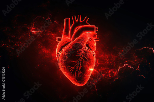 Red human heart silhouette on black background. Health, cardiology, cardiovascular diseases concept