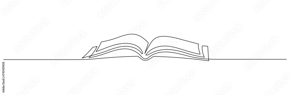 One continuous line drawing of Opened book. Education in school and library studying in simple linear style.Writing draft business in Editable stroke. Doodle vector illustration One continuous line drawing of Opened book. Education in school and library studying in simple linear style.Writing draft business in Editable stroke. Doodle vector illustration