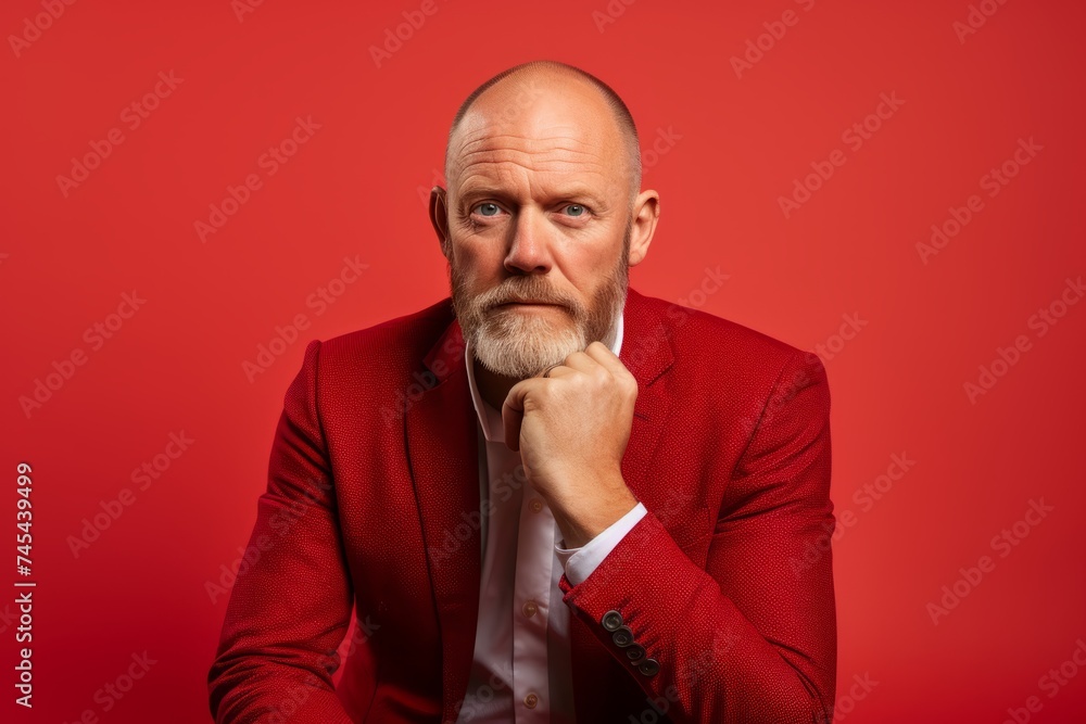 Portrait of a senior man in a red suit on a red background. Portrait of a senior man in a red suit on a red background.