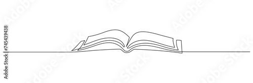 One continuous line drawing of Opened book. Education in school and library studying in simple linear style.Writing draft business in Editable stroke. Doodle vector illustration