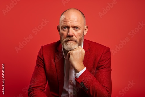 Portrait of a senior man in a red suit on a red background.