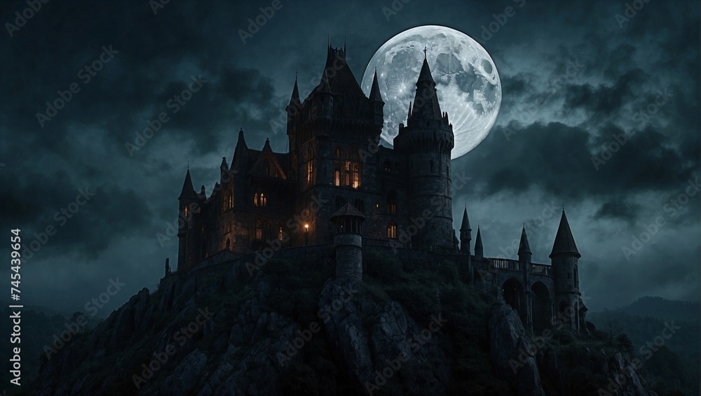Mysterious medieval castle illuminated by the glow of a full moon on a cloudy night