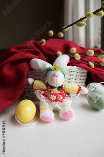 spring holiday installation with Easter bunnies and Easter eggs 
