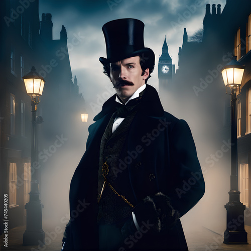 historical portrait of a 19th century gentleman with mustaches, in a suit, with London in the background