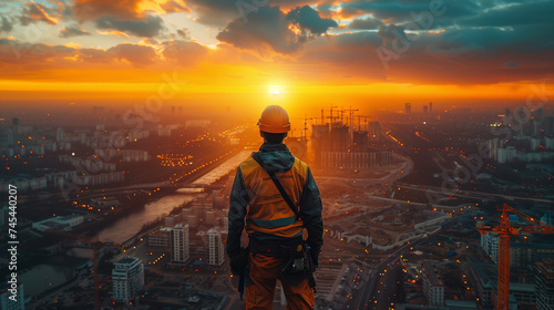 Construction worker overlooking job site in the sunset