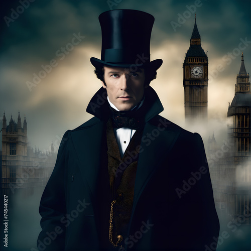 historical portrait of a 19th century gentleman in a suit, with London in the background