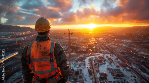 Construction worker overlooking job site in the sunset