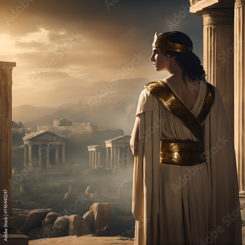 woman in a dress in ancient Greek city