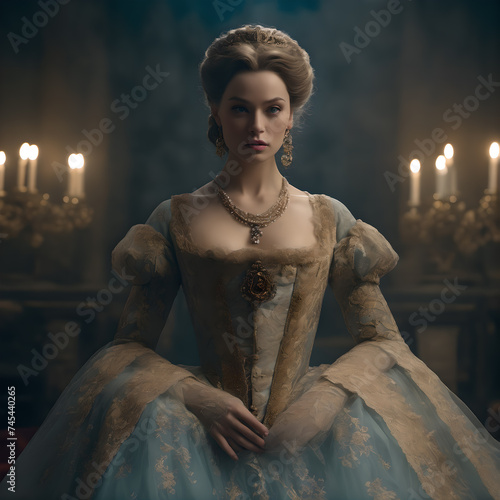 a 18th century woman in a vintage elegant dress in front of candles in a mysterious palace