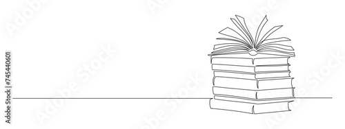 One continuous line drawing of stack books and opened notebook with pages. Education in school and library studying in simple linear style. Editable stroke. Doodle vector illustration