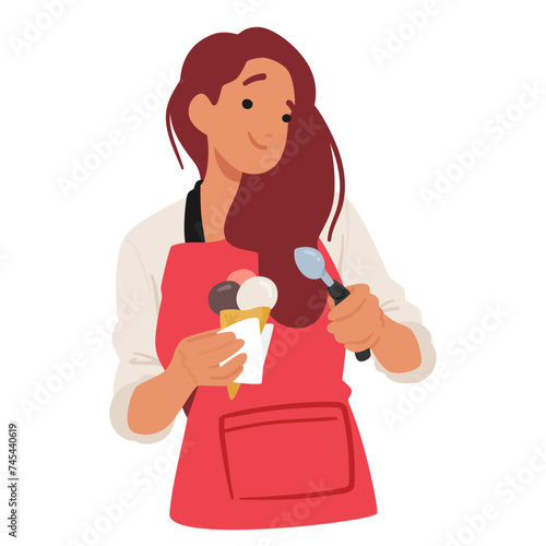 Charming Saleswoman In Red Apron, Skillfully Presents An Enticing Ice Cream Cone, Her Eyes Gleaming With Warmth