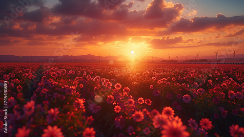sunset over the field of flowers