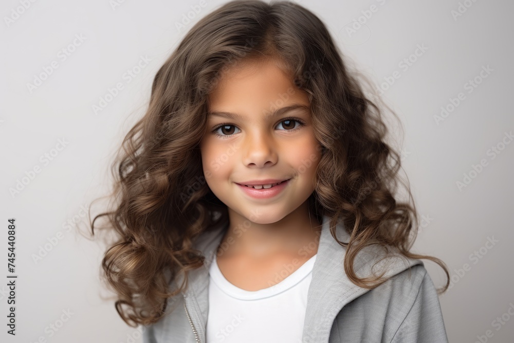 Portrait of a cute little girl with long curly hair on a gray background Portrait of a cute little girl with long curly hair on a gray background