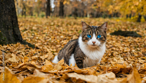 a bright blue-eyed cat is playing in the forest