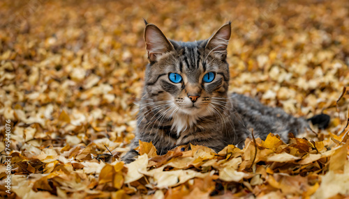 a cat is playing in a forest full of fallen leaves