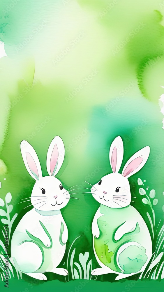 Fototapeta premium Holiday celebration banner of cute Easter decorated eggs cute Easter bunnys. Illustration of Easter rabbits, eggs on green background. Happy Easter greeting card, banner, festive background.Copy space