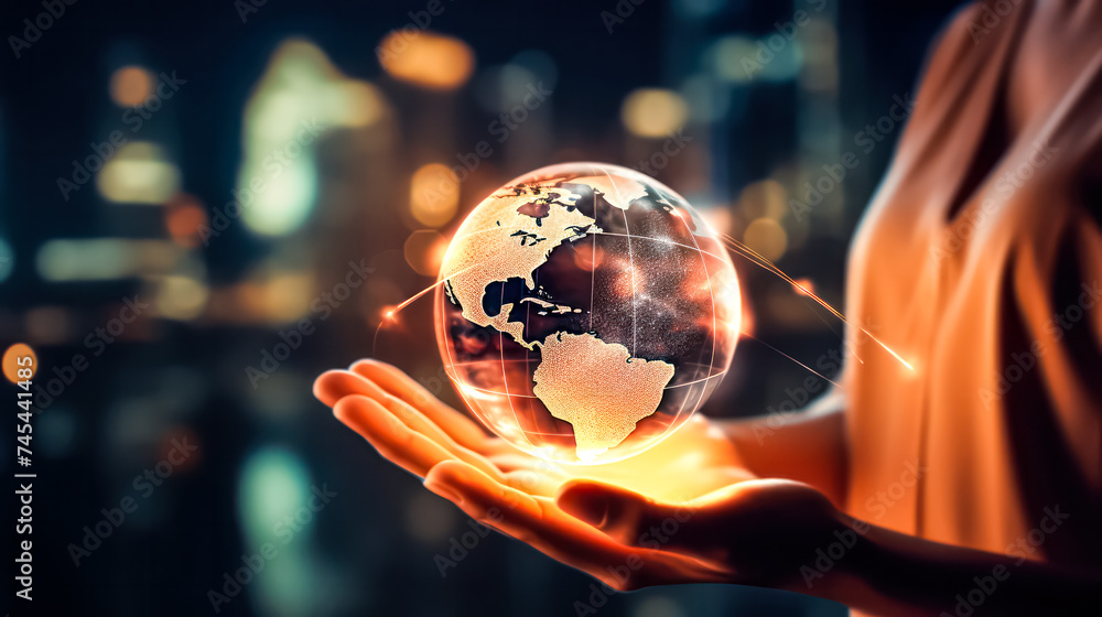 A womans hand holds a digital Earth planet, symbolizing global technologies and connectivity. Innovative concept for futuristic advancements. A womans hand holds a digital Earth planet, symbolizing global technologies and connectivity. Innovative concept for futuristic advancements.