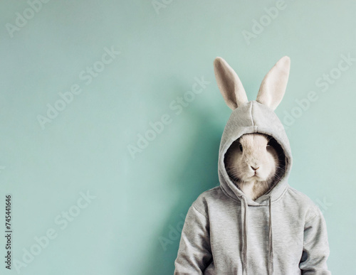  cool easter bunny, wearing a hooded sweatshirt, minimalist, isolated