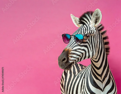 cool zebra wearing sunglasses  animal fashion model at pink background