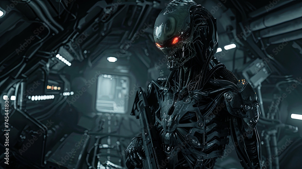 Fototapeta premium Armed scary alien warrior like military robot inside spaceship, futuristic cyborg in dark spacecraft, creepy extraterrestrial soldier. Concept of future, space war, sci-fi, technology